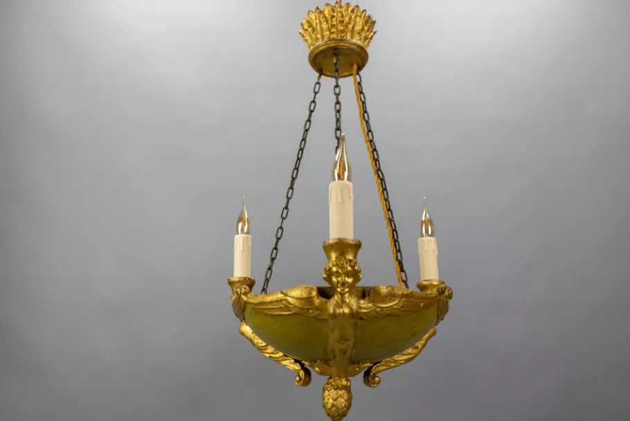 Clearance Pamono Mid-19th Century French Empire Giltwood Three-Light Chandelier