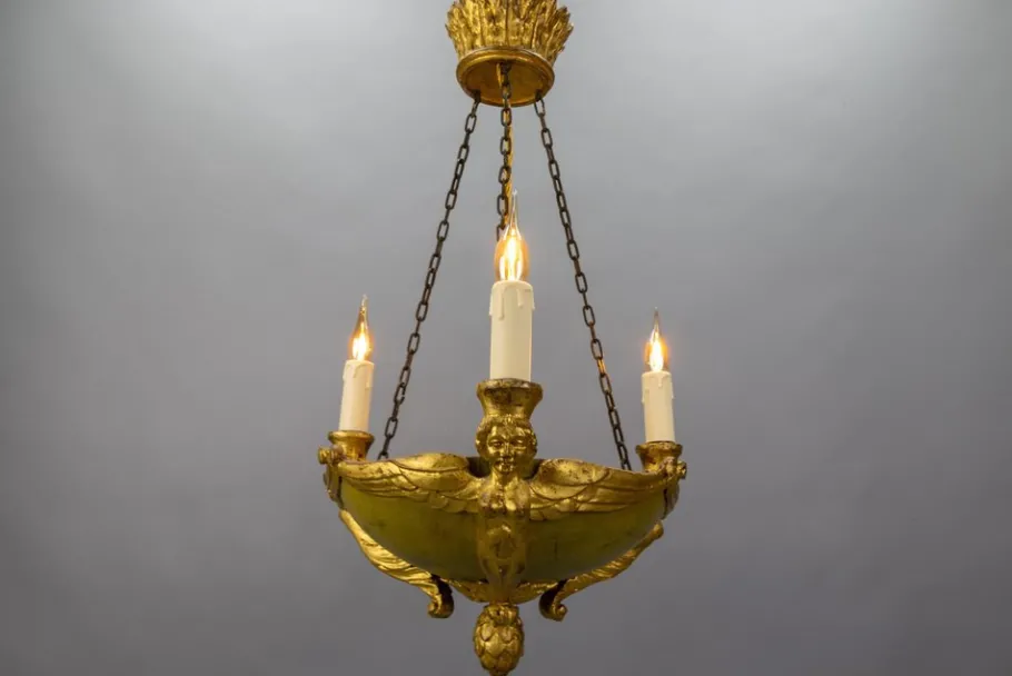 Clearance Pamono Mid-19th Century French Empire Giltwood Three-Light Chandelier