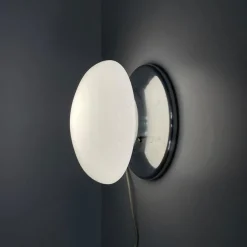 Best Pamono Modern Italian Round Base Wall Light in Opaline Glass and Metal attributed to Valenti Luce, 1970s