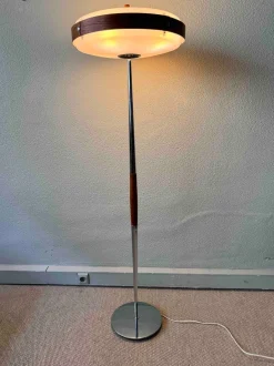 Clearance Pamono Phase Eclipse S Dimmable Floor Lamp in Chrome & Wood by Luis Pérez De La Oliva for Fase, 1966