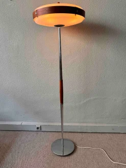 Clearance Pamono Phase Eclipse S Dimmable Floor Lamp in Chrome & Wood by Luis Pérez De La Oliva for Fase, 1966