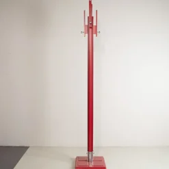 New Pamono Red Lacquered Wooden Coat Stand with steel Inserts by Carlo De Carli for Fiarm, 1970s