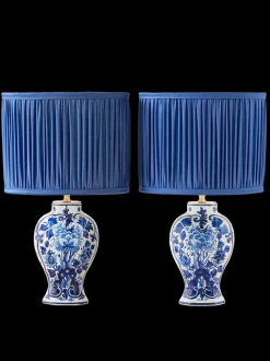 Best Pamono Royal Delft Blue Louis XV Table Lamps, New Pleated Lampshades, Set of 2