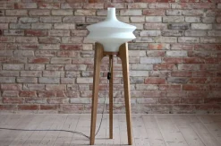 Outlet Pamono Space Age Floor Lamp with White Glass Lampshade and Wooden Tripod Base, Czechoslovakia, 1960s