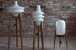 Outlet Pamono Space Age Floor Lamp with White Glass Lampshade and Wooden Tripod Base, Czechoslovakia, 1960s