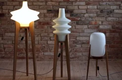 Outlet Pamono Space Age Floor Lamp with White Glass Lampshade and Wooden Tripod Base, Czechoslovakia, 1960s