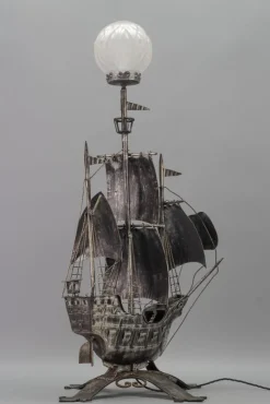 New Pamono Spanish Wrought Iron and Glass Galleon Sailing Ship Shaped Floor Lamp, 1950s