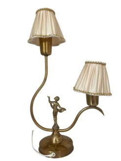 Best Pamono Swedish Art Deco Brass Table Lamp with Figural Base and Silk Shades, 1930s