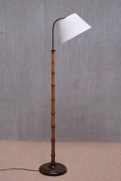 Online Pamono Swedish Modern Birch Faux Bamboo Floor Lamp with Ivory Adjustable Shade, 1940s