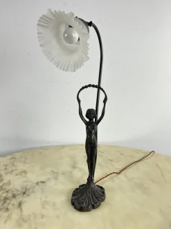 Sale Pamono Table Lamp with Art Deco Bronze Statuette and White Art Glass Tulip Bowl, France, 1940s