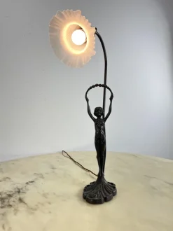 Sale Pamono Table Lamp with Art Deco Bronze Statuette and White Art Glass Tulip Bowl, France, 1940s