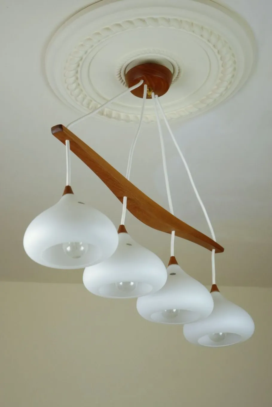 Best Pamono Teak and Glass Hanging Lamp, 1960s