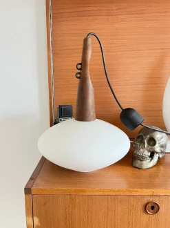 Best Pamono Teak and Opaline Glass Suspension by Uno and Östen Kristiansson for Luxus, Sweden, 1950s