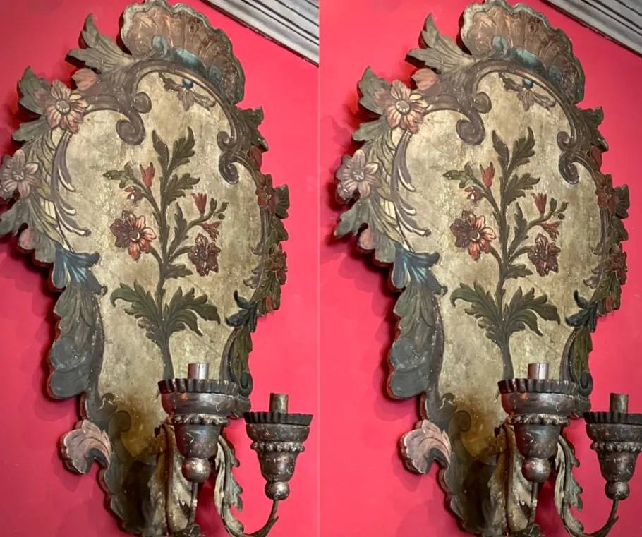 Best Pamono 18th Century Rococo Venetian Polychrome and Mecca Lacquered Wooden Wall Sconces with Iron Arms, Set of 2