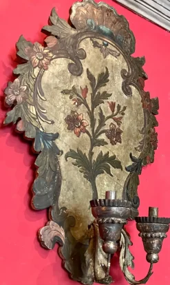 Best Pamono 18th Century Rococo Venetian Polychrome and Mecca Lacquered Wooden Wall Sconces with Iron Arms, Set of 2