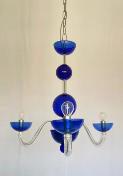 Sale Pamono Three-Light Chandelier in Blue Crystal Murano Glass by Master Walter Furlan, 1985