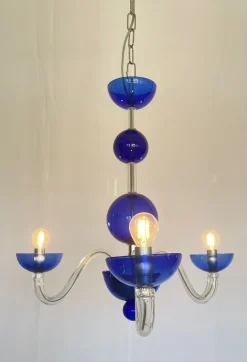 Sale Pamono Three-Light Chandelier in Blue Crystal Murano Glass by Master Walter Furlan, 1985