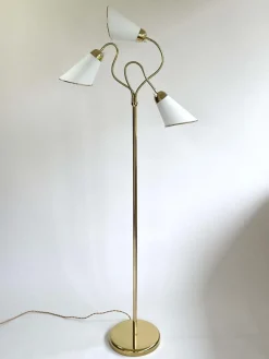 Clearance Pamono Triple Gooseneck Brass & Off White Fabric Floor Lamp, Sweden, 1950s