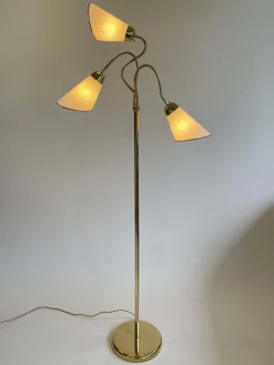 Clearance Pamono Triple Gooseneck Brass & Off White Fabric Floor Lamp, Sweden, 1950s