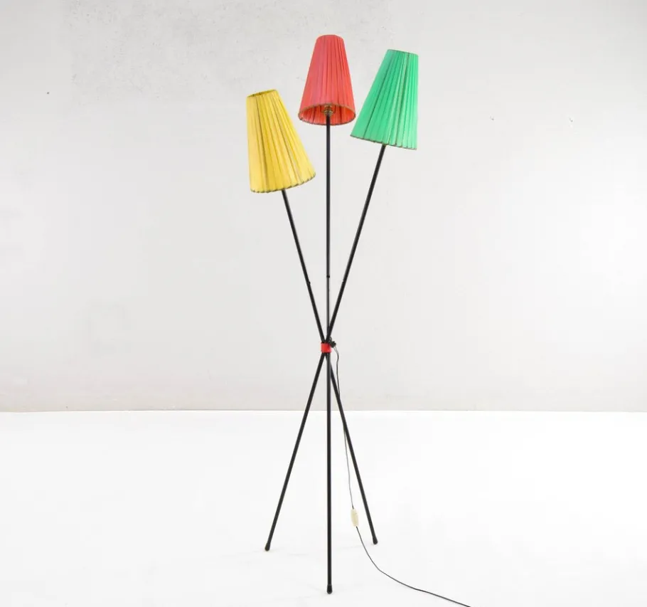 Sale Pamono Tripod Floor Lamp with Colored Shades by Mathieu Matégot, 1950s