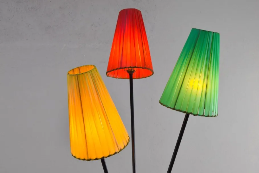 Sale Pamono Tripod Floor Lamp with Colored Shades by Mathieu Matégot, 1950s