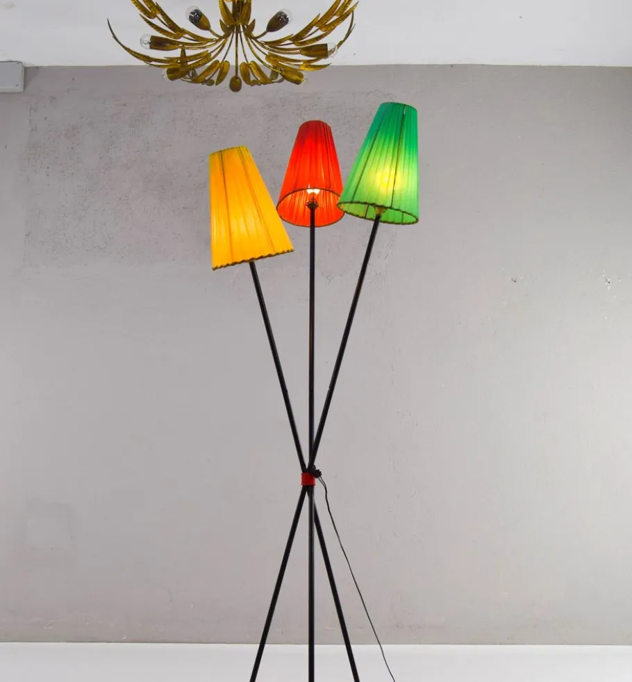 Sale Pamono Tripod Floor Lamp with Colored Shades by Mathieu Matégot, 1950s