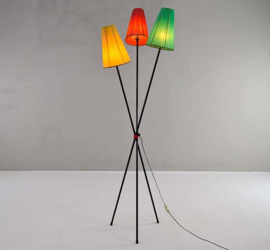 Sale Pamono Tripod Floor Lamp with Colored Shades by Mathieu Matégot, 1950s