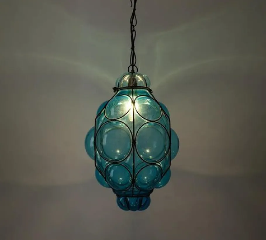 Best Pamono Venetian Blue Murano Caged Glass Pendant Light with Large Bubbles, 1960s
