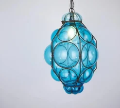 Best Pamono Venetian Blue Murano Caged Glass Pendant Light with Large Bubbles, 1960s