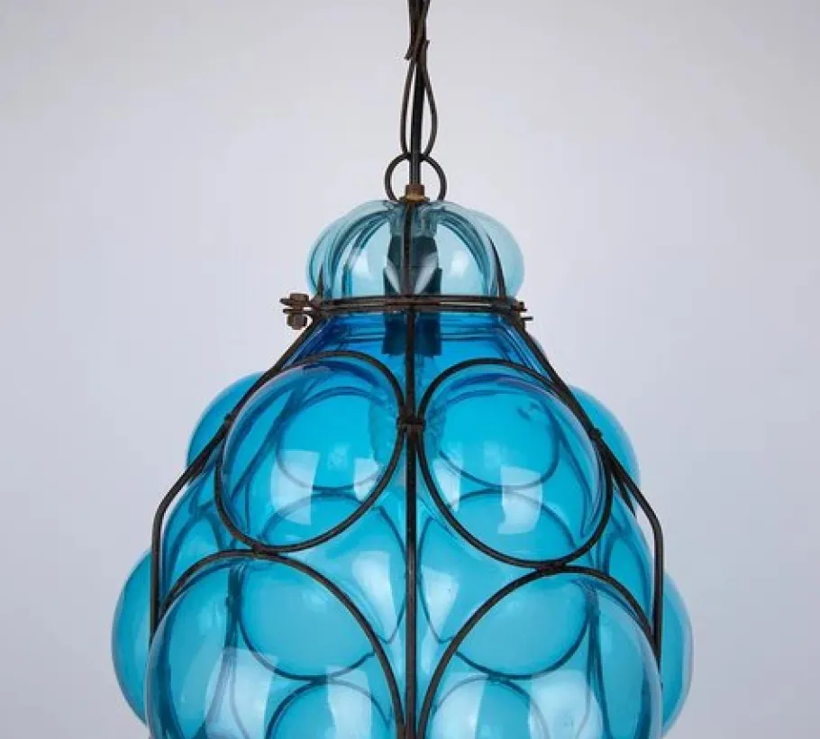 Best Pamono Venetian Blue Murano Caged Glass Pendant Light with Large Bubbles, 1960s