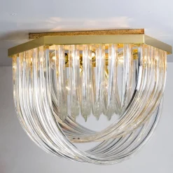 Best Pamono Venini Flushmount in Curved Crystal Glass and Gilt Brass, Italy