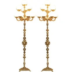 Discount Pamono Vintage Art Deco Opaline Glass and Brass Floor Lamps, 1920s, Set of 2