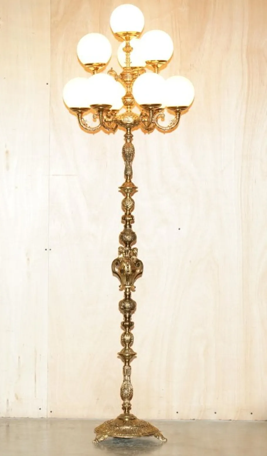 Discount Pamono Vintage Art Deco Opaline Glass and Brass Floor Lamps, 1920s, Set of 2