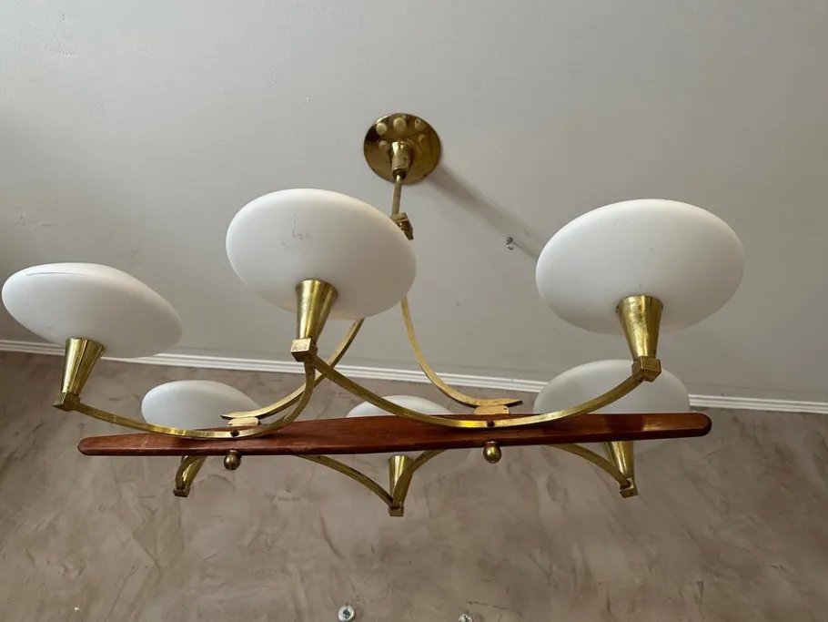 Best Pamono Vintage Brass and Opaline Chandelier