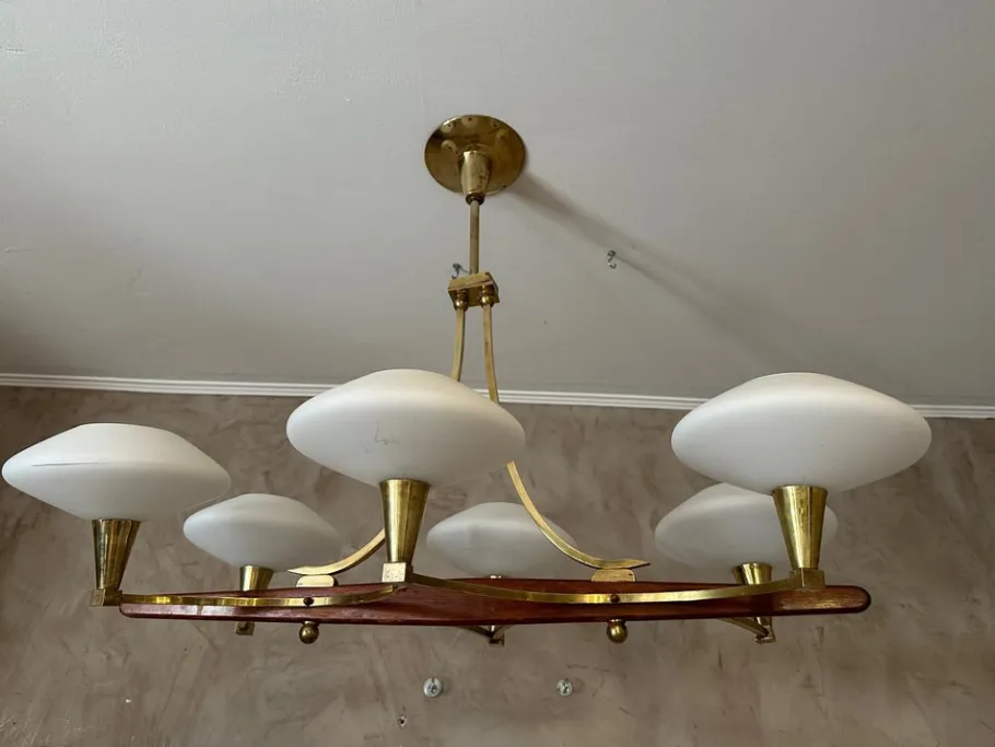 Best Pamono Vintage Brass and Opaline Chandelier