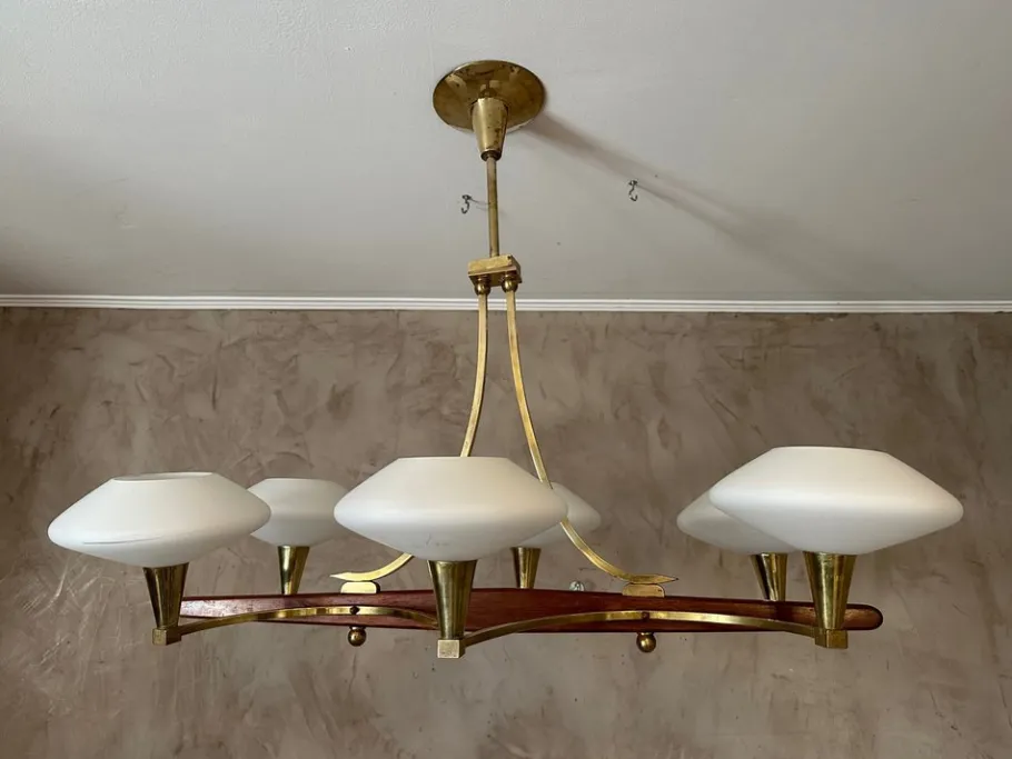 Best Pamono Vintage Brass and Opaline Chandelier
