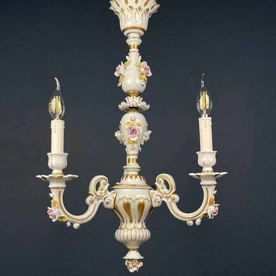 Best Pamono Vintage Capodimonte Porcelain 3-Arm Chandelier, Italy, 1940s