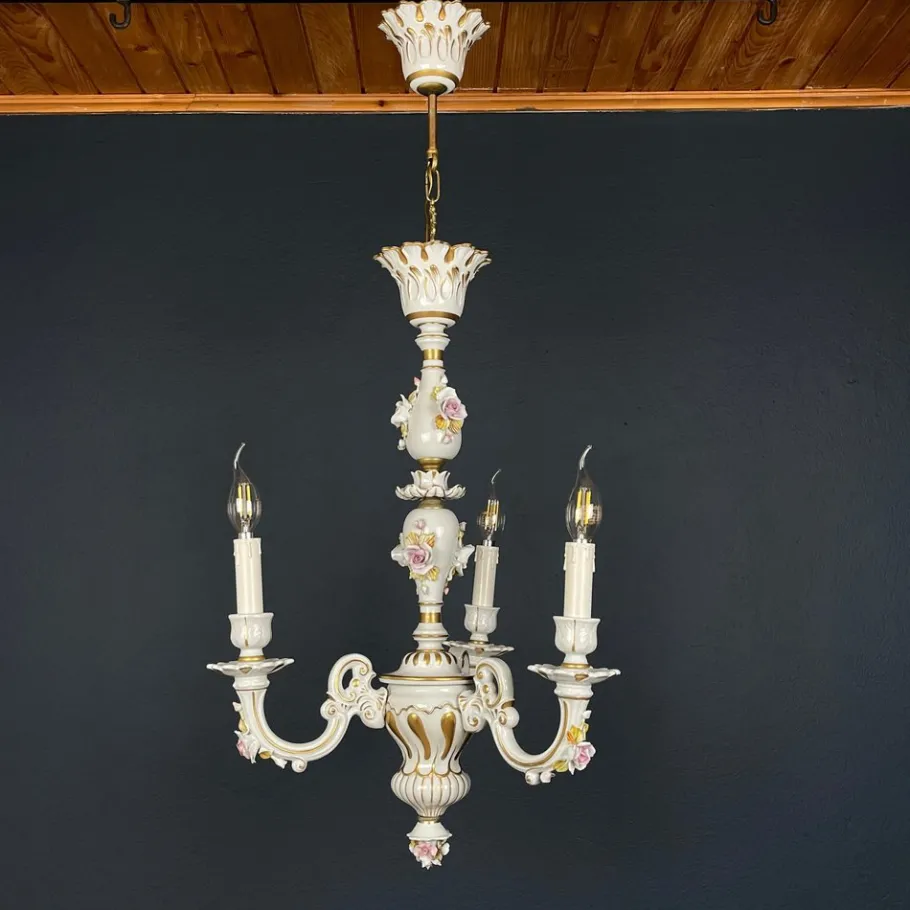 Best Pamono Vintage Capodimonte Porcelain 3-Arm Chandelier, Italy, 1940s