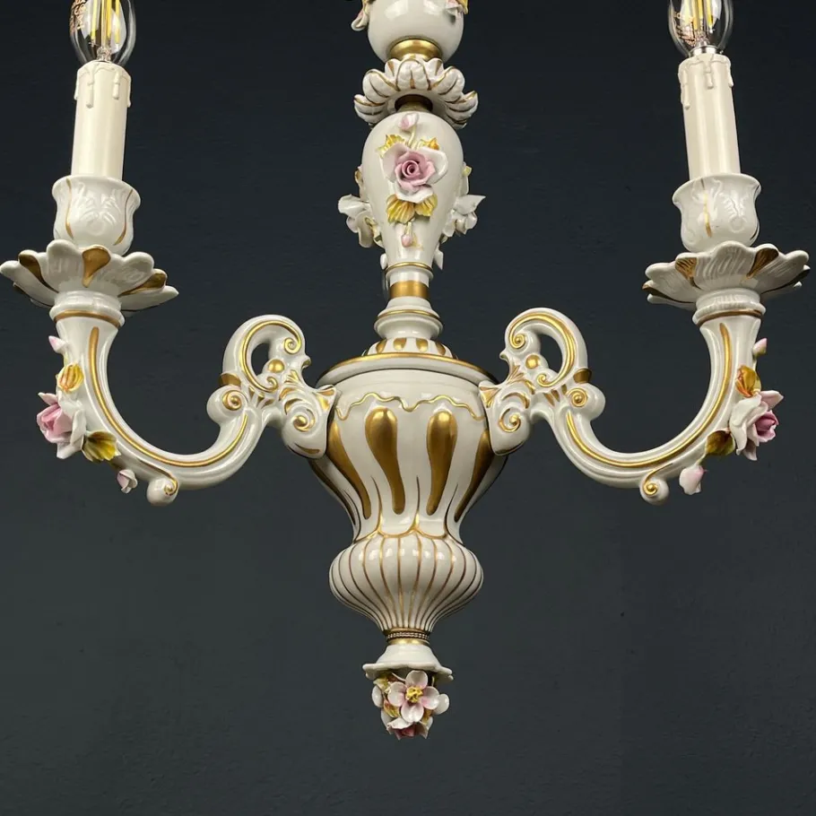 Best Pamono Vintage Capodimonte Porcelain 3-Arm Chandelier, Italy, 1940s