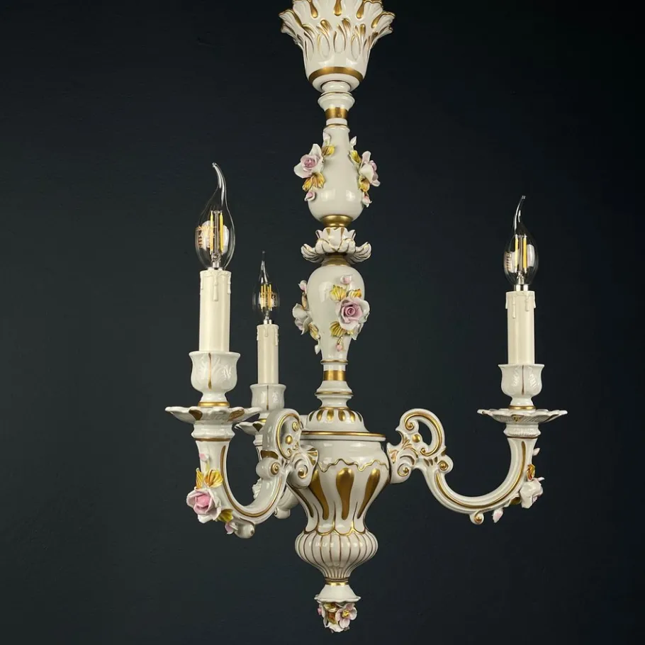 Best Pamono Vintage Capodimonte Porcelain 3-Arm Chandelier, Italy, 1940s