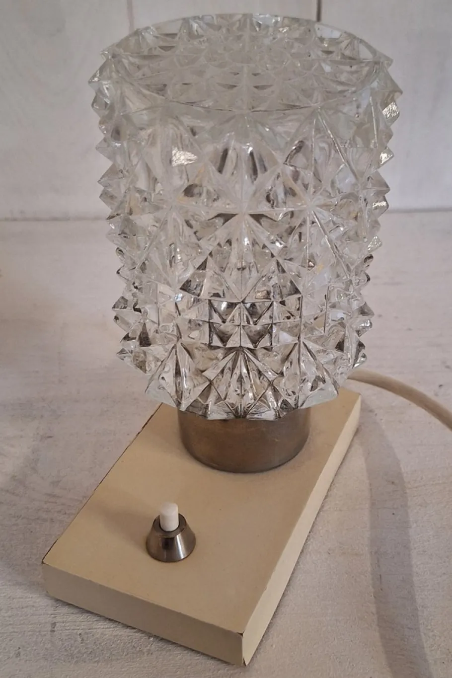 Sale Pamono Vintage Cream Bedside Lamp with Chrome-Plated Metal Fitting and Clear Relief Glass Shade from Hillebrand-Leuchten, 1970s