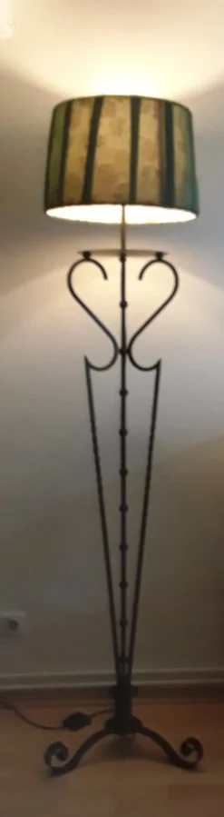 New Pamono Vintage Floor Lamp from with Filigree Iron Frame and Handmade Green Fabric Shade from Lamplove, 1980s