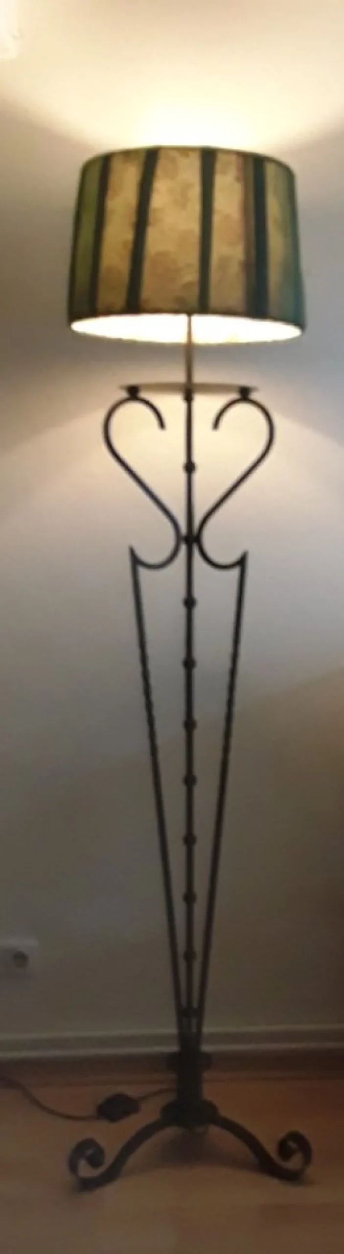 New Pamono Vintage Floor Lamp from with Filigree Iron Frame and Handmade Green Fabric Shade from Lamplove, 1980s