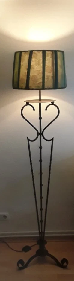 New Pamono Vintage Floor Lamp from with Filigree Iron Frame and Handmade Green Fabric Shade from Lamplove, 1980s