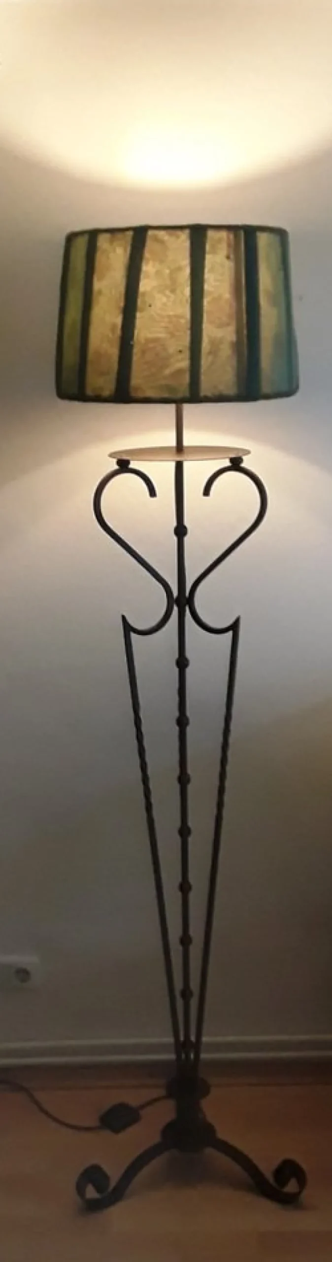 New Pamono Vintage Floor Lamp from with Filigree Iron Frame and Handmade Green Fabric Shade from Lamplove, 1980s