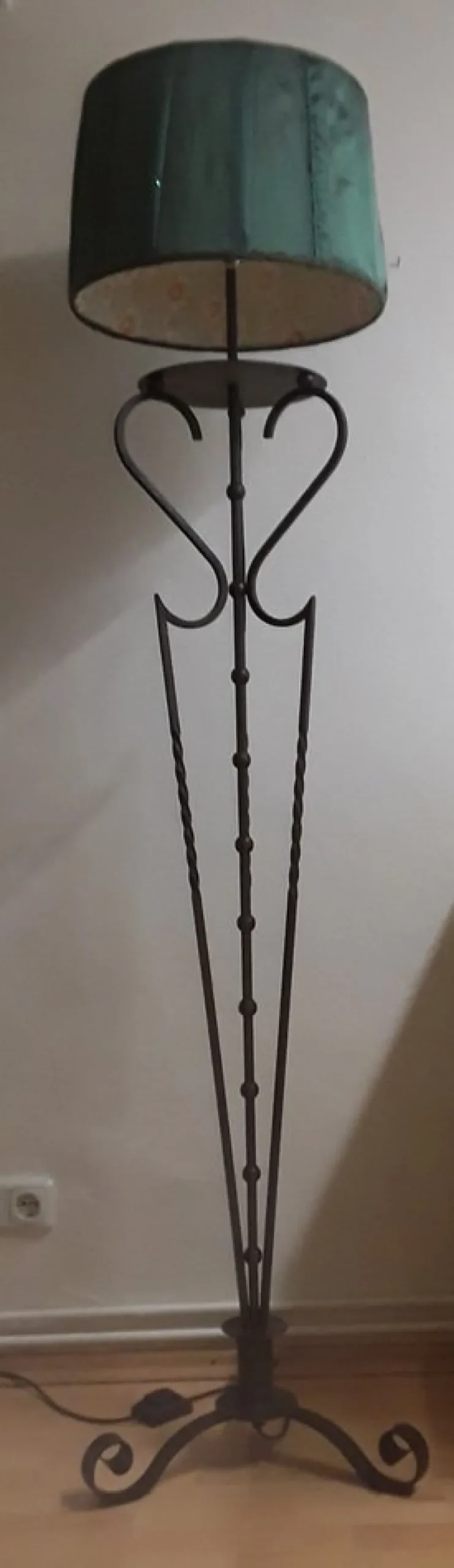 New Pamono Vintage Floor Lamp from with Filigree Iron Frame and Handmade Green Fabric Shade from Lamplove, 1980s