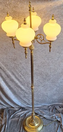 Hot Pamono Vintage Floor Lamp with Decorated Brass Frame and Four Opaque White Glass Shades, 1970s