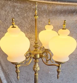 Hot Pamono Vintage Floor Lamp with Decorated Brass Frame and Four Opaque White Glass Shades, 1970s
