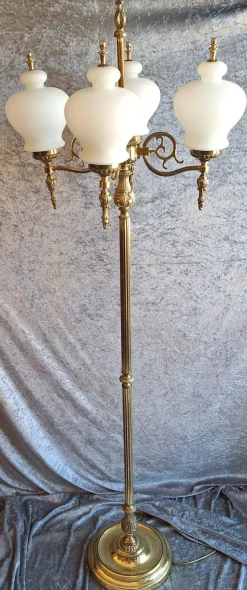 Hot Pamono Vintage Floor Lamp with Decorated Brass Frame and Four Opaque White Glass Shades, 1970s