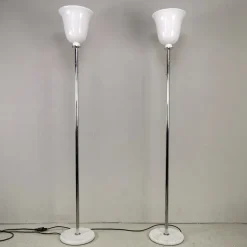 Pamono Vintage Floor Lamps with Marble Base, Chromed Plated Stem and White Glass Diffuser in the Style of Venini, 1970s, Set of 2